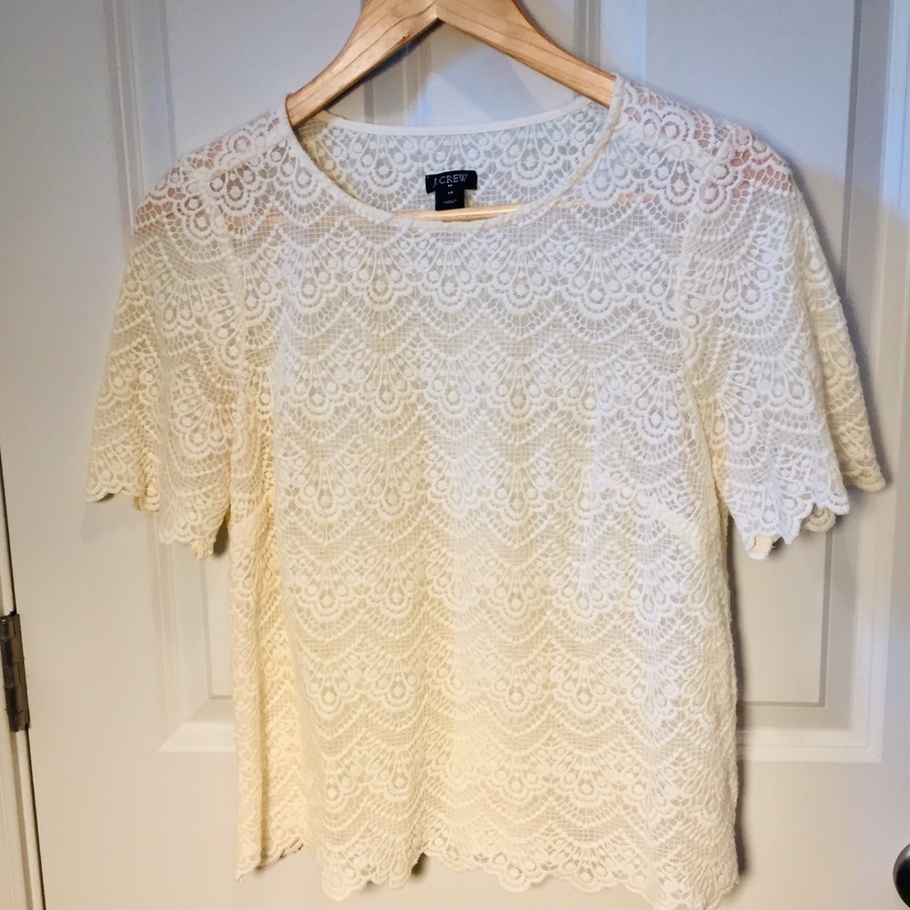 J Crew | Sheer Embroidered Pattern Cream Scalloped short sleeved Pullover Top XS